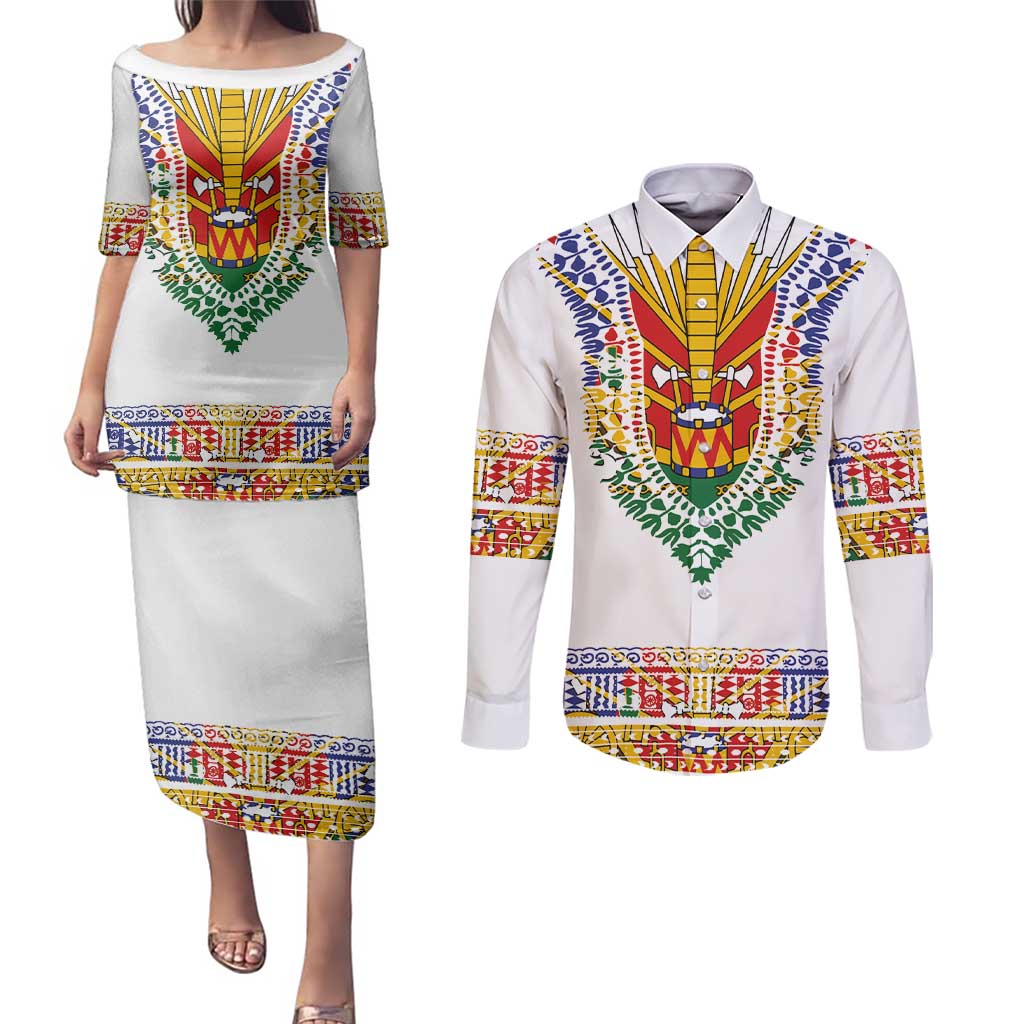Haiti Flag Traditional Dashiki Couples Matching Puletasi and Long Sleeve Button Shirt White Color