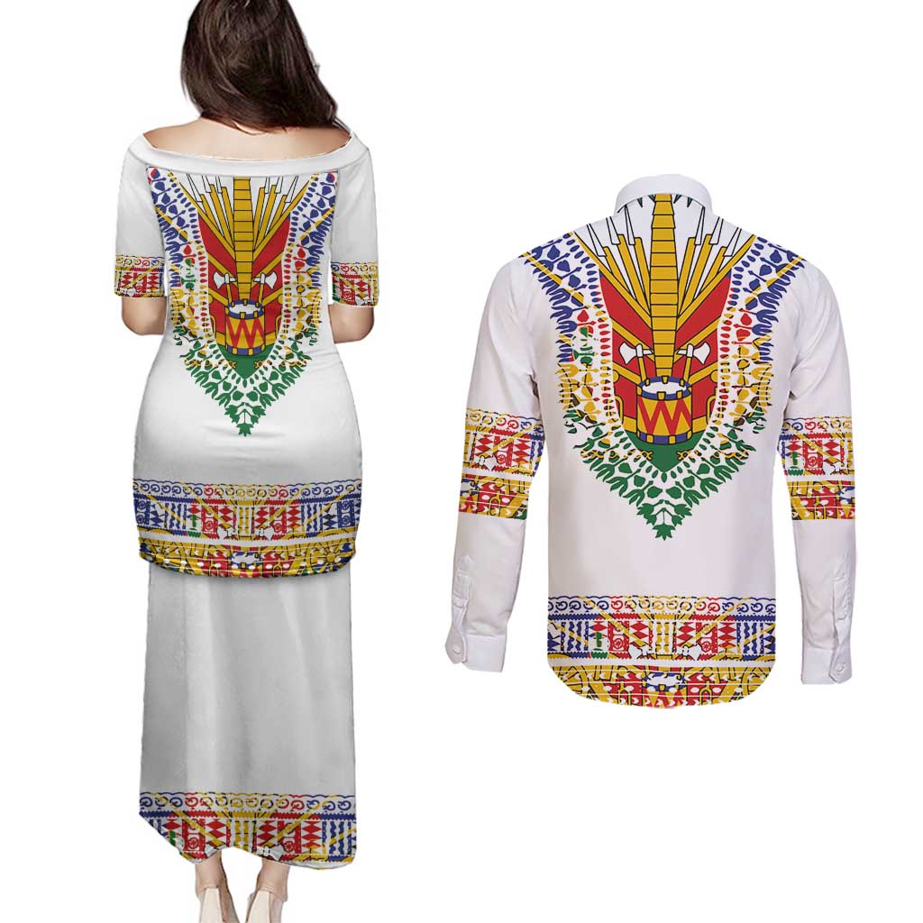 Haiti Flag Traditional Dashiki Couples Matching Puletasi and Long Sleeve Button Shirt White Color