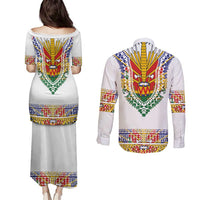 Haiti Flag Traditional Dashiki Couples Matching Puletasi and Long Sleeve Button Shirt White Color