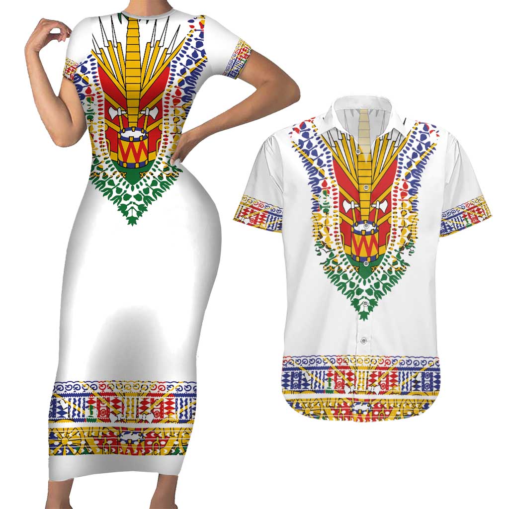 Haiti Flag Traditional Dashiki Couples Matching Short Sleeve Bodycon Dress and Hawaiian Shirt White Color