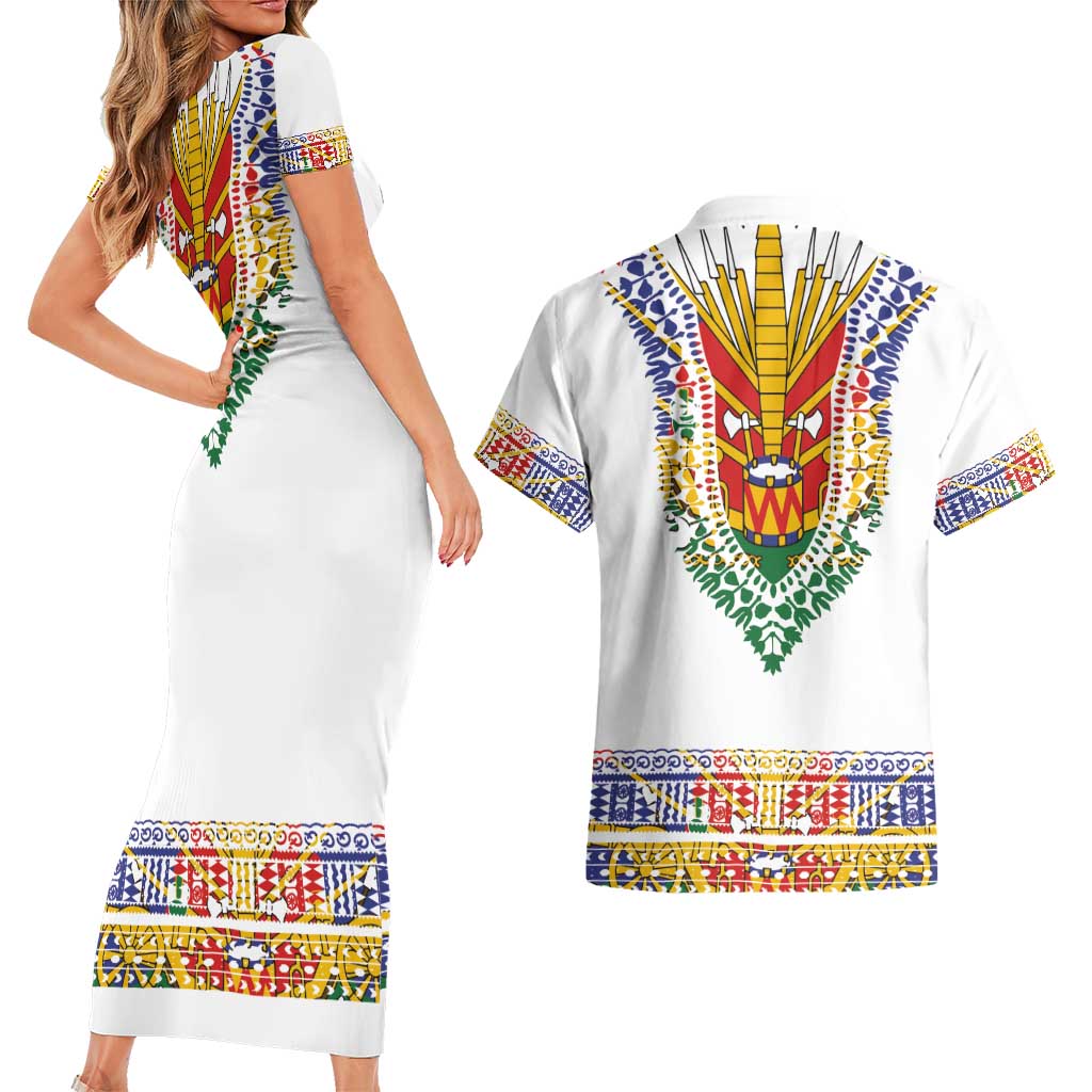 Haiti Flag Traditional Dashiki Couples Matching Short Sleeve Bodycon Dress and Hawaiian Shirt White Color