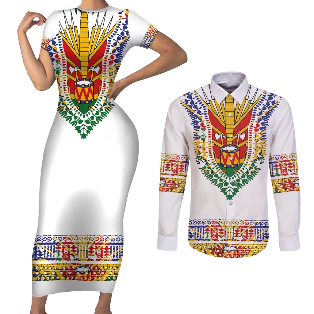 Haiti Flag Traditional Dashiki Couples Matching Short Sleeve Bodycon Dress and Long Sleeve Button Shirt White Color