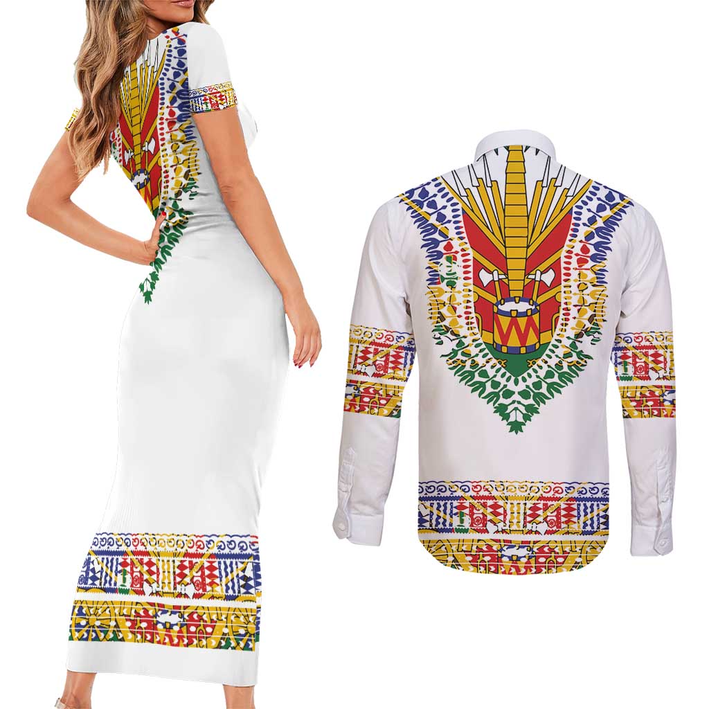 Haiti Flag Traditional Dashiki Couples Matching Short Sleeve Bodycon Dress and Long Sleeve Button Shirt White Color