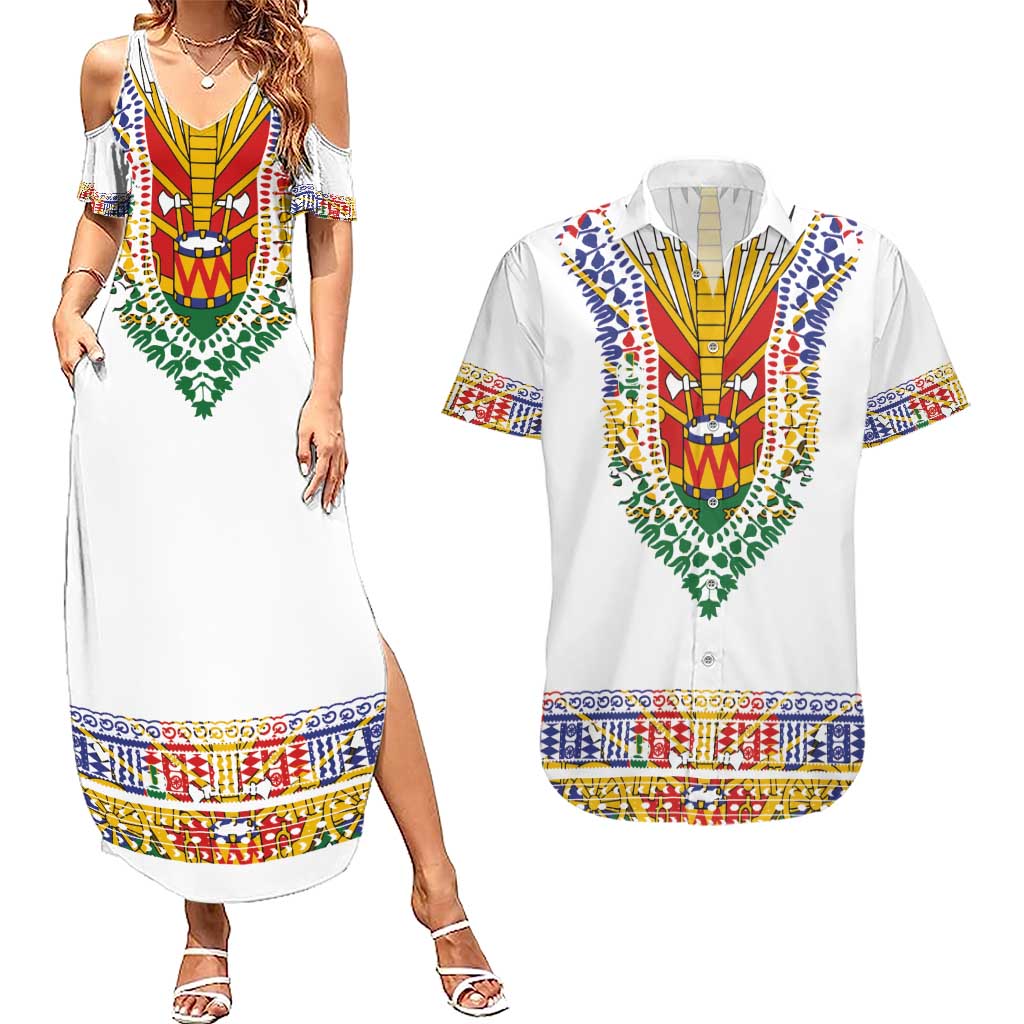 Haiti Flag Traditional Dashiki Couples Matching Summer Maxi Dress and Hawaiian Shirt White Color