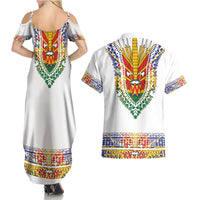 Haiti Flag Traditional Dashiki Couples Matching Summer Maxi Dress and Hawaiian Shirt White Color