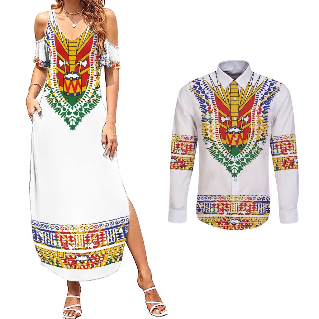 Haiti Flag Traditional Dashiki Couples Matching Summer Maxi Dress and Long Sleeve Button Shirt White Color