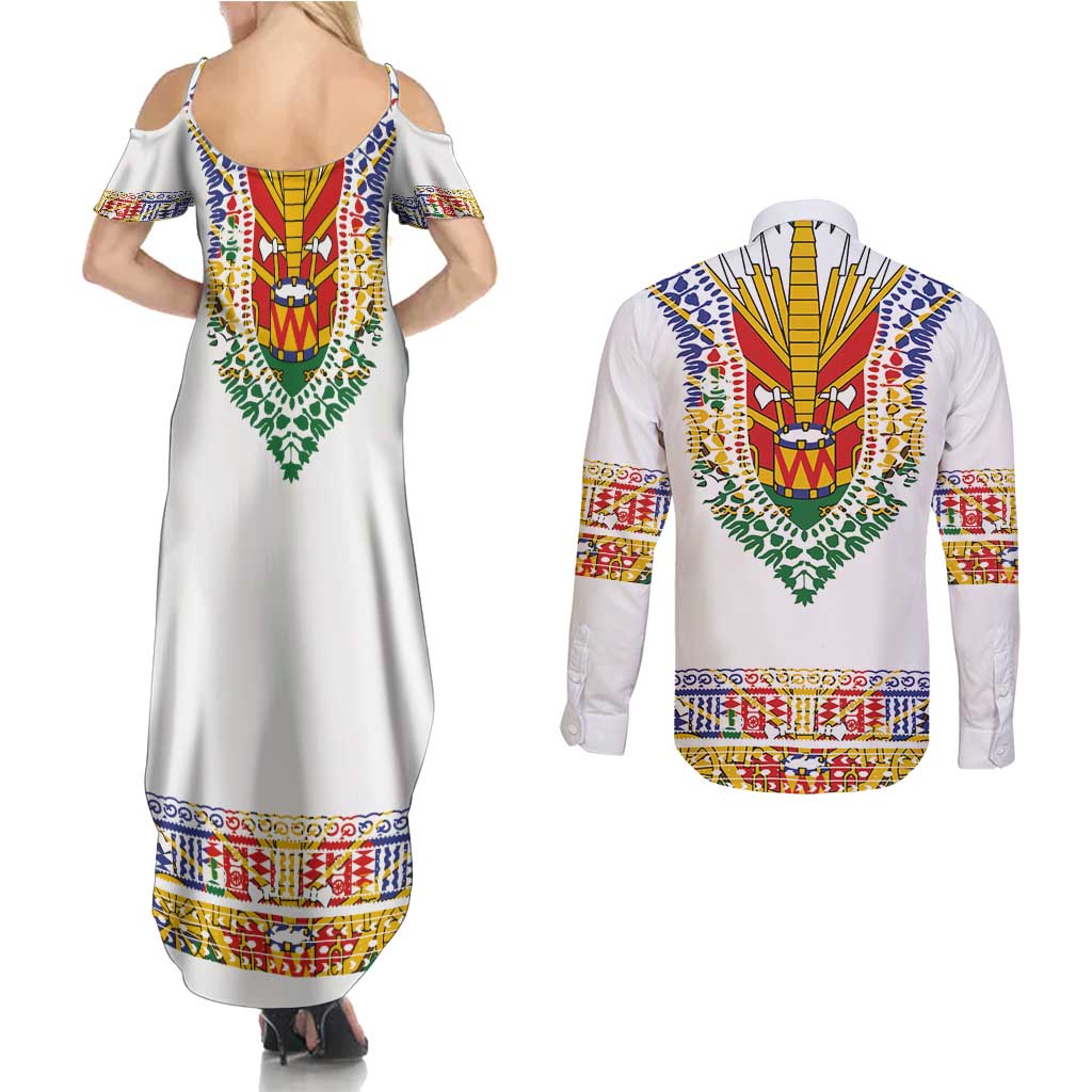 Haiti Flag Traditional Dashiki Couples Matching Summer Maxi Dress and Long Sleeve Button Shirt White Color