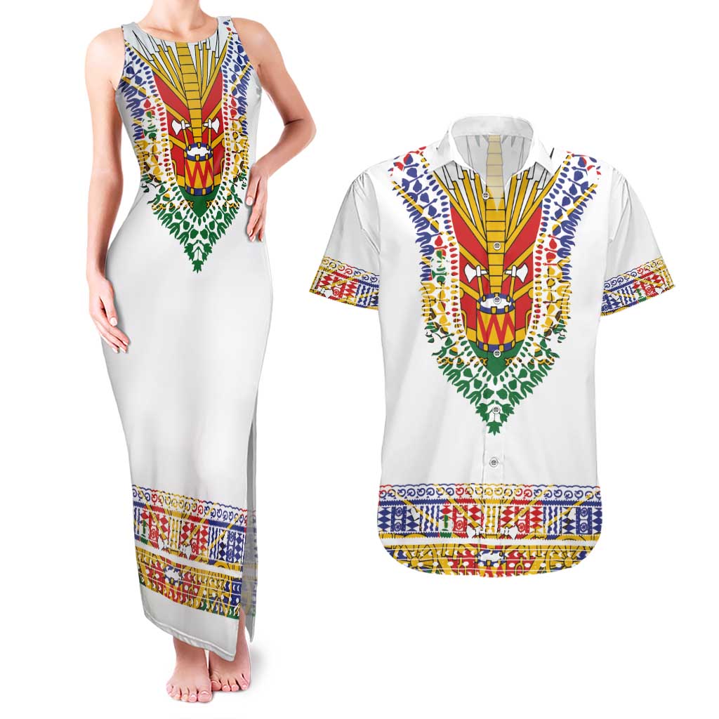 Haiti Flag Traditional Dashiki Couples Matching Tank Maxi Dress and Hawaiian Shirt White Color