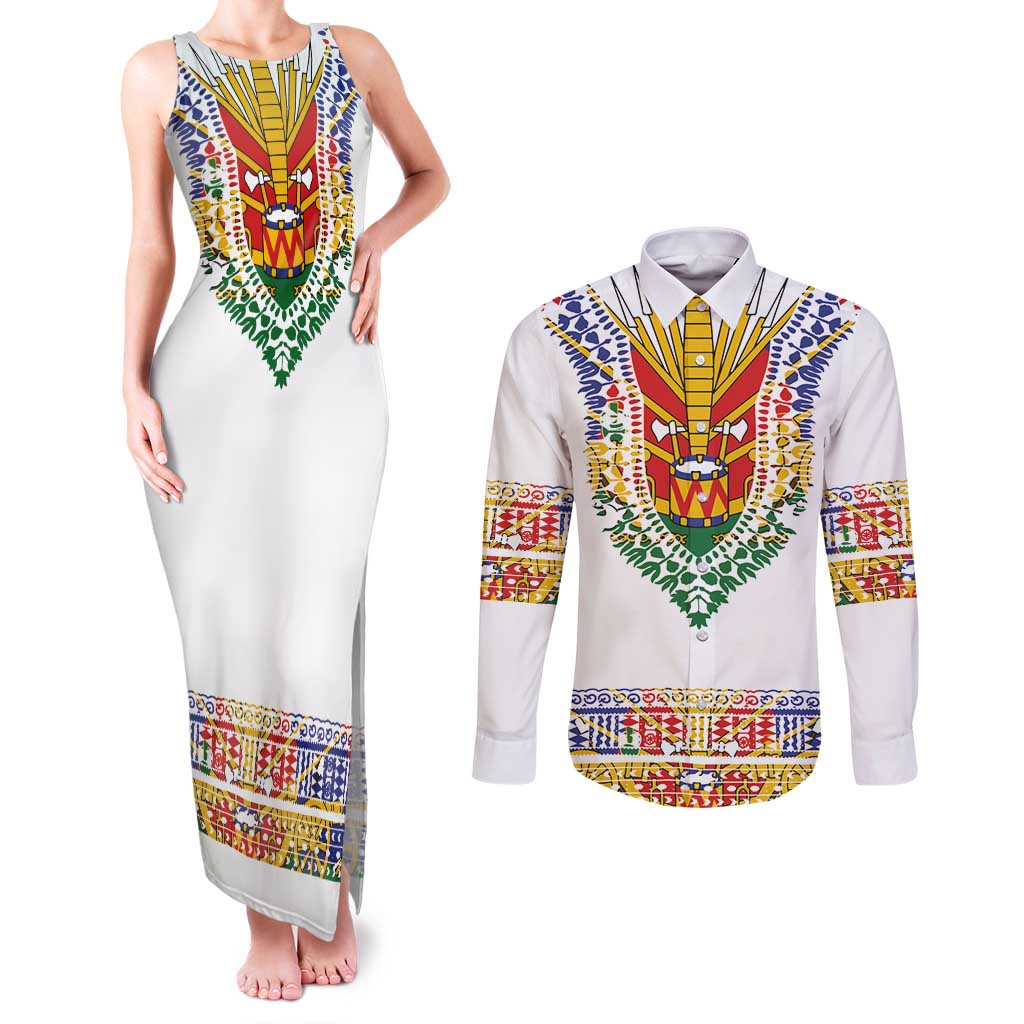 Haiti Flag Traditional Dashiki Couples Matching Tank Maxi Dress and Long Sleeve Button Shirt White Color