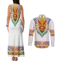 Haiti Flag Traditional Dashiki Couples Matching Tank Maxi Dress and Long Sleeve Button Shirt White Color