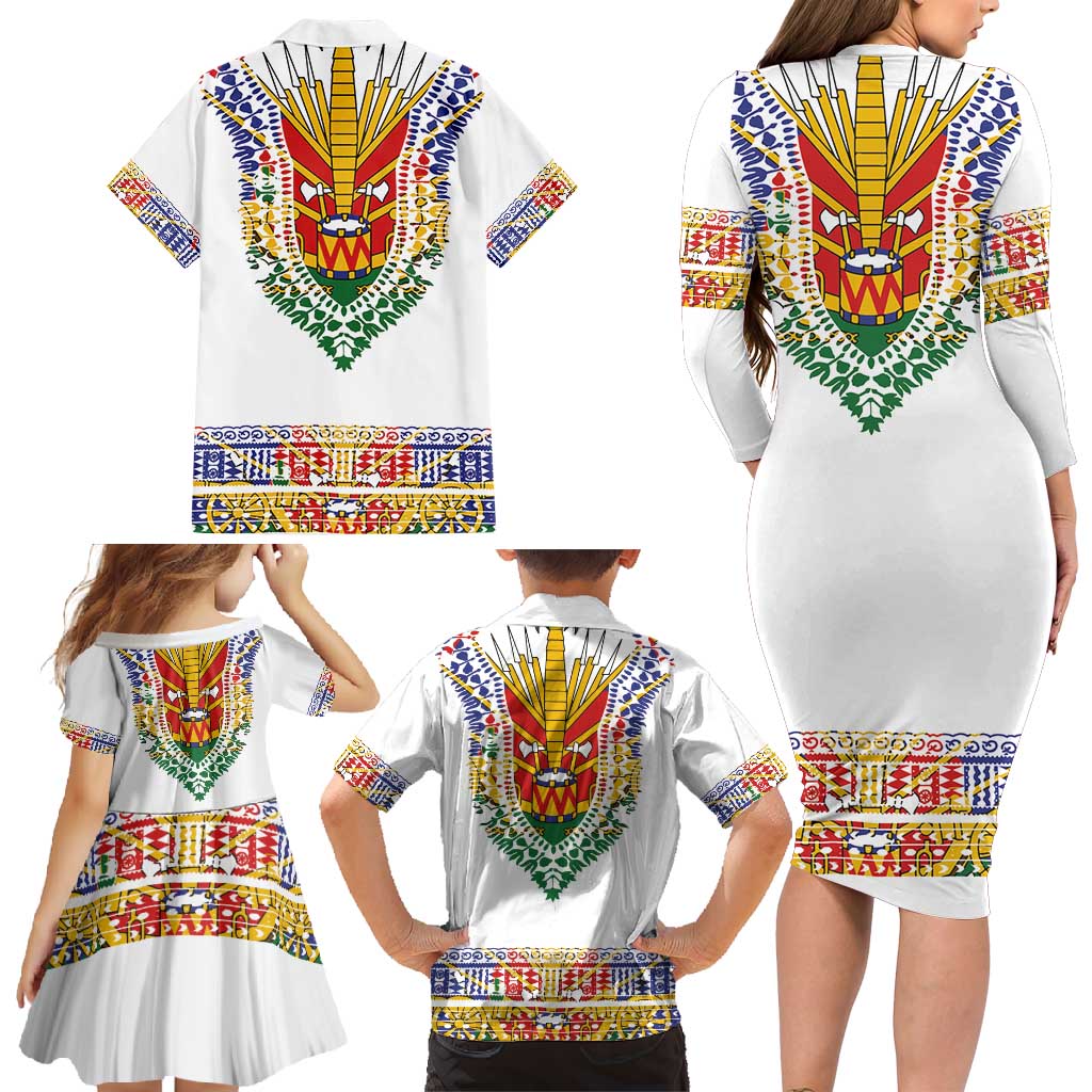 Haiti Flag Traditional Dashiki Family Matching Long Sleeve Bodycon Dress and Hawaiian Shirt White Color