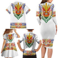 Haiti Flag Traditional Dashiki Family Matching Long Sleeve Bodycon Dress and Hawaiian Shirt White Color