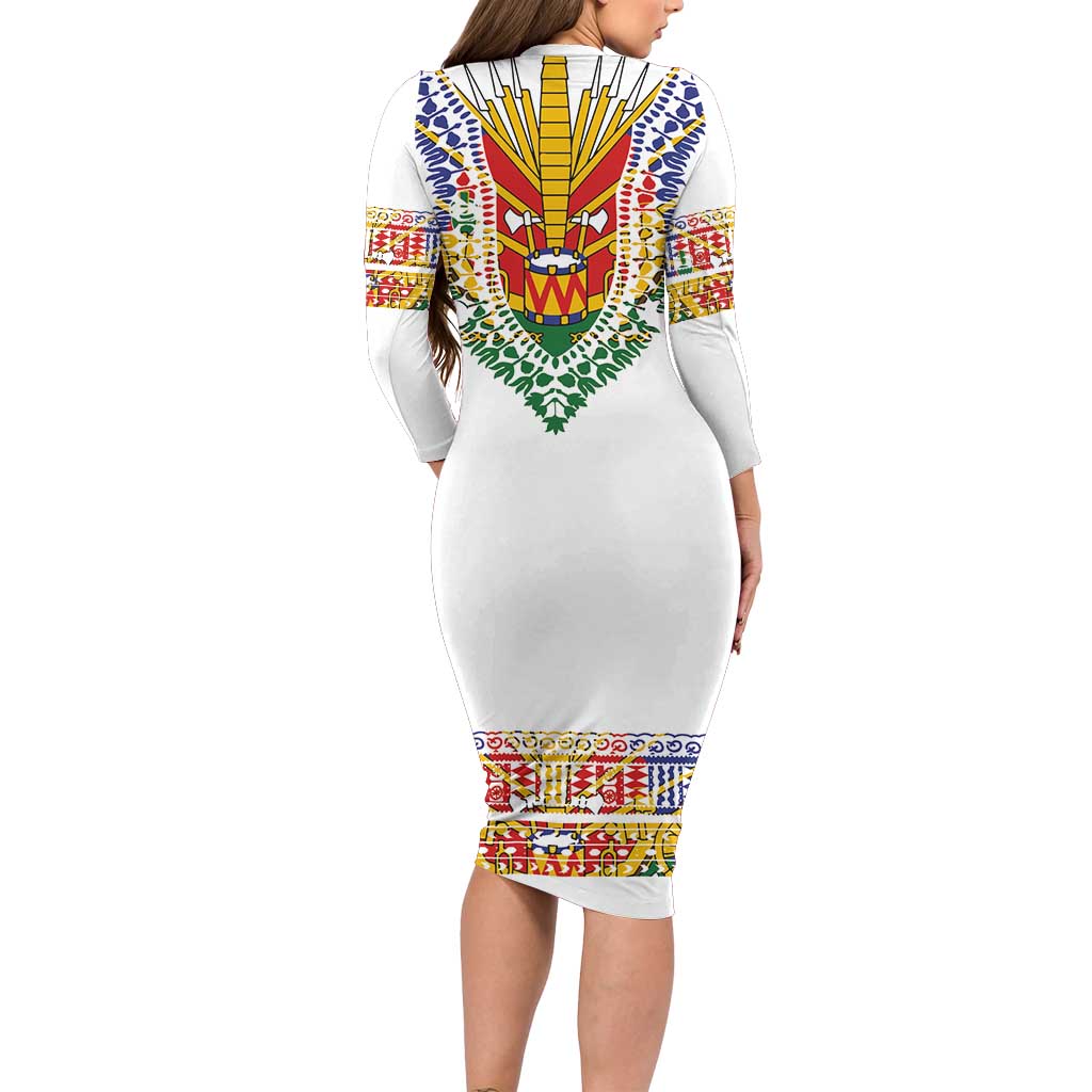 Haiti Flag Traditional Dashiki Family Matching Long Sleeve Bodycon Dress and Hawaiian Shirt White Color