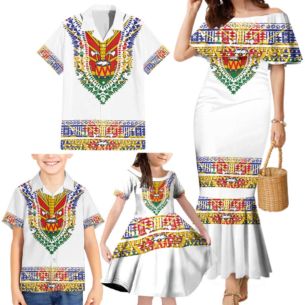 Haiti Flag Traditional Dashiki Family Matching Mermaid Dress and Hawaiian Shirt White Color