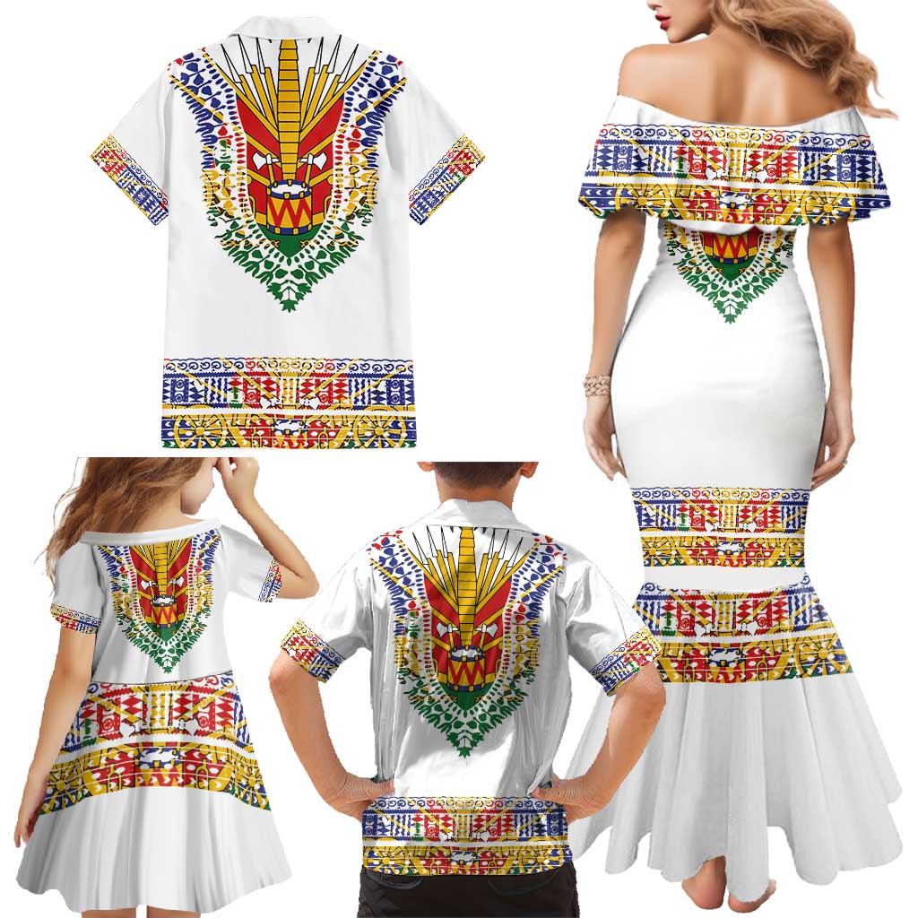 Haiti Flag Traditional Dashiki Family Matching Mermaid Dress and Hawaiian Shirt White Color