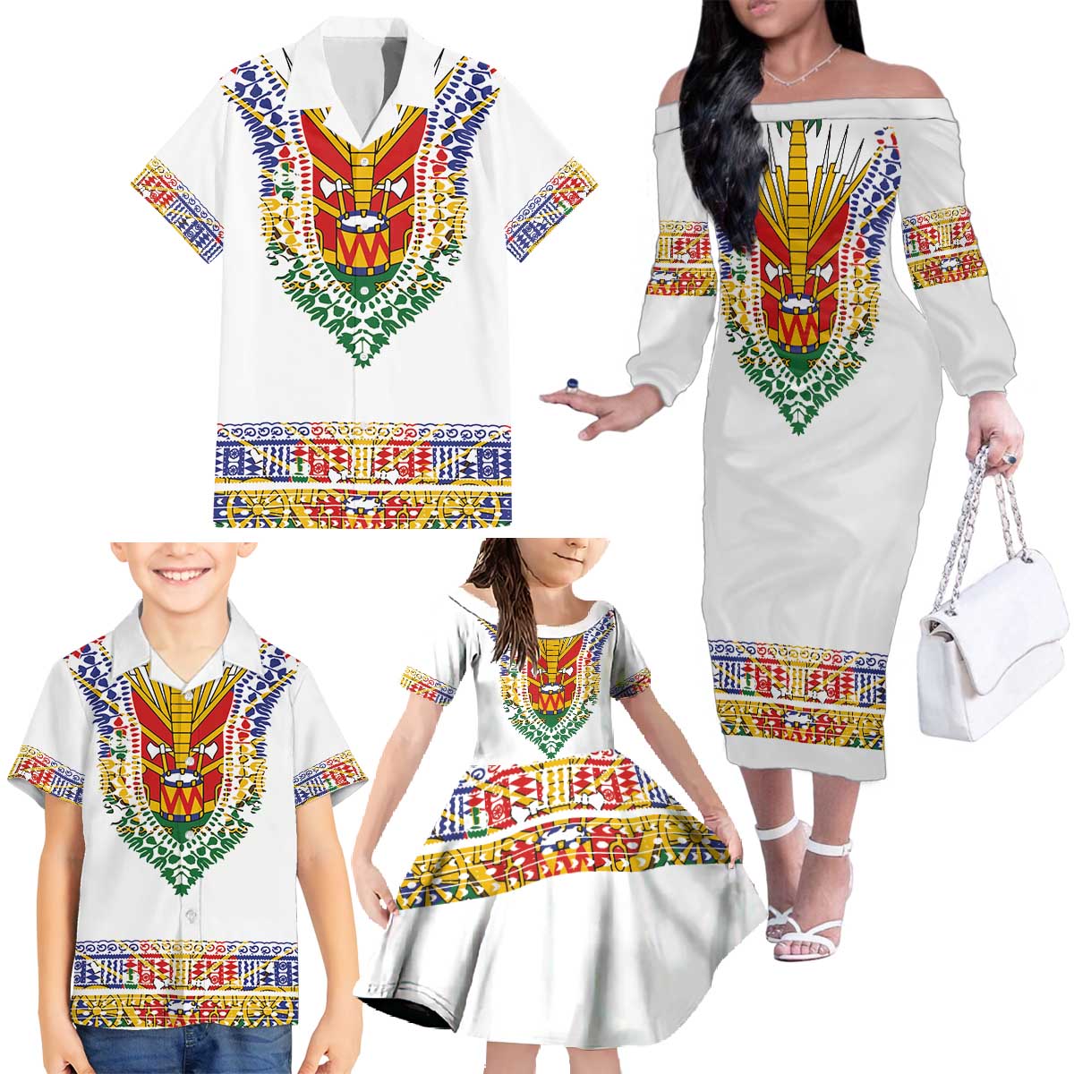 Haiti Flag Traditional Dashiki Family Matching Off The Shoulder Long Sleeve Dress and Hawaiian Shirt White Color