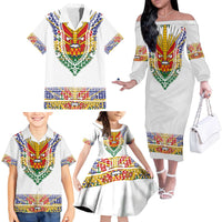 Haiti Flag Traditional Dashiki Family Matching Off The Shoulder Long Sleeve Dress and Hawaiian Shirt White Color