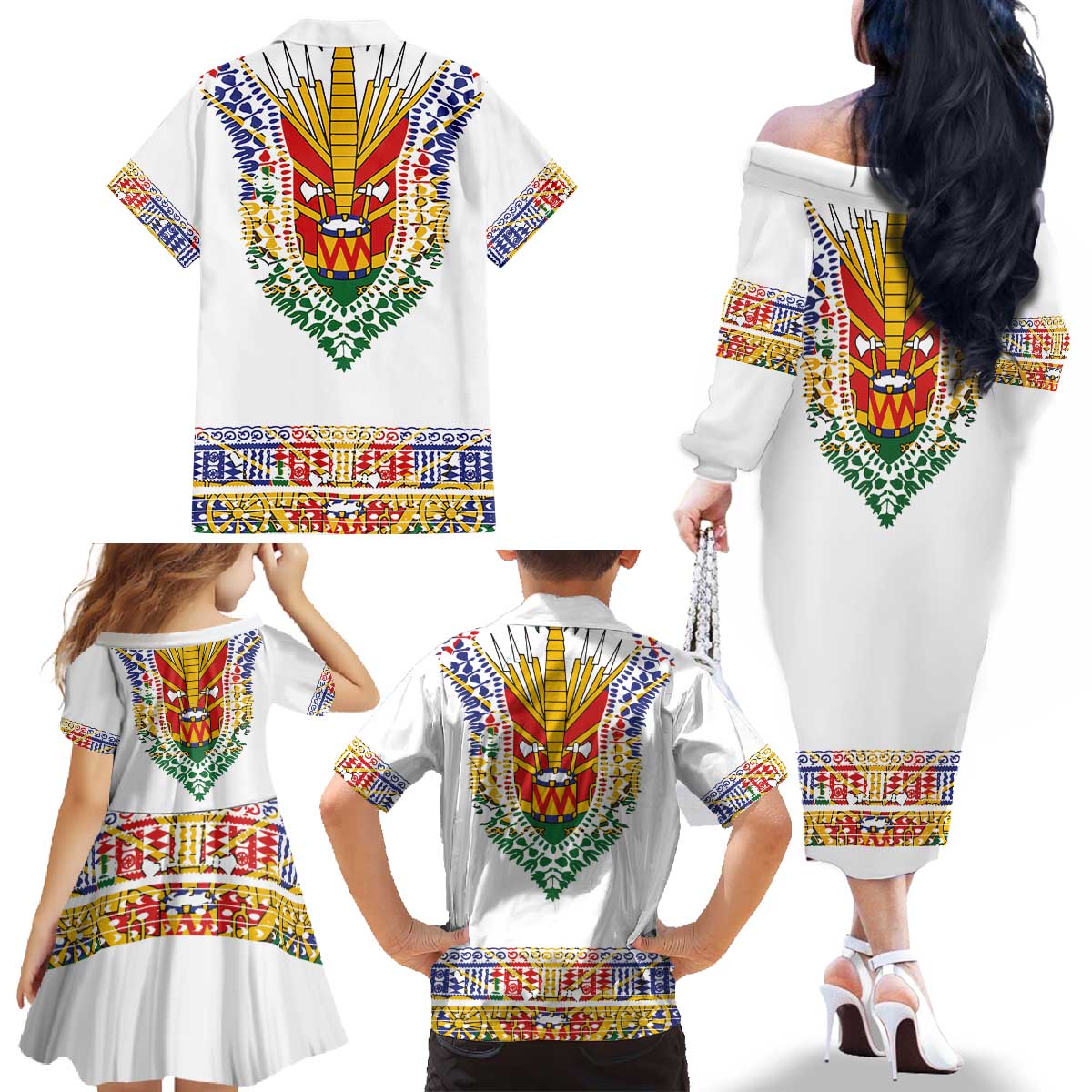 Haiti Flag Traditional Dashiki Family Matching Off The Shoulder Long Sleeve Dress and Hawaiian Shirt White Color