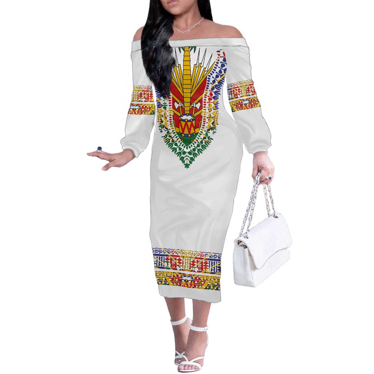 Haiti Flag Traditional Dashiki Family Matching Off The Shoulder Long Sleeve Dress and Hawaiian Shirt White Color