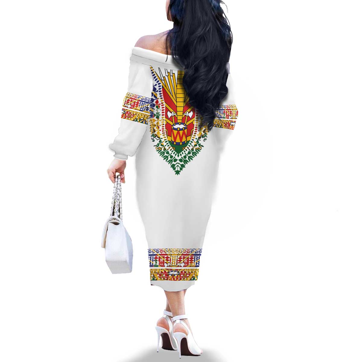 Haiti Flag Traditional Dashiki Family Matching Off The Shoulder Long Sleeve Dress and Hawaiian Shirt White Color