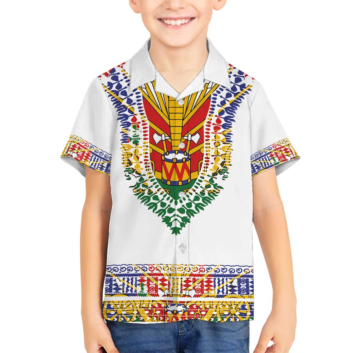 Haiti Flag Traditional Dashiki Family Matching Off The Shoulder Long Sleeve Dress and Hawaiian Shirt White Color