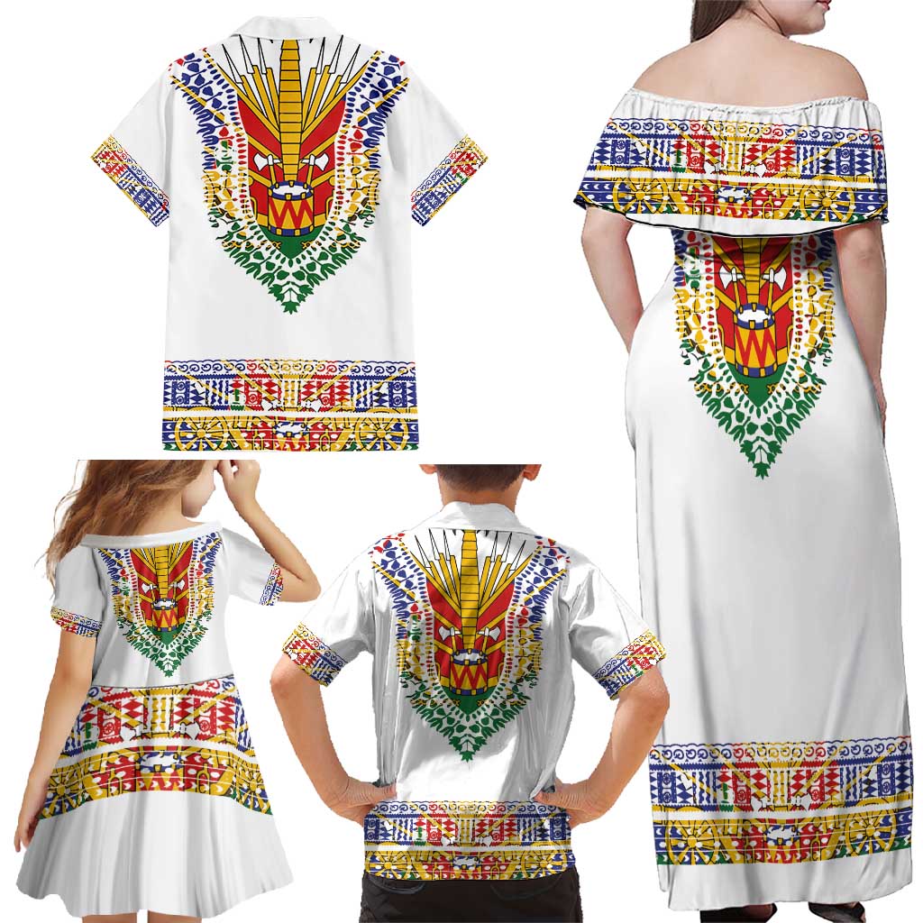Haiti Flag Traditional Dashiki Family Matching Off Shoulder Maxi Dress and Hawaiian Shirt White Color