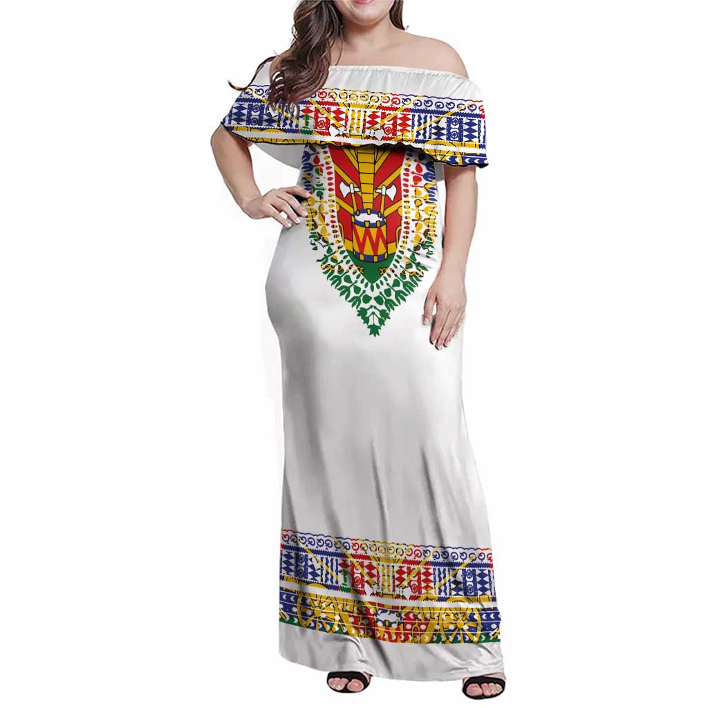 Haiti Flag Traditional Dashiki Family Matching Off Shoulder Maxi Dress and Hawaiian Shirt White Color