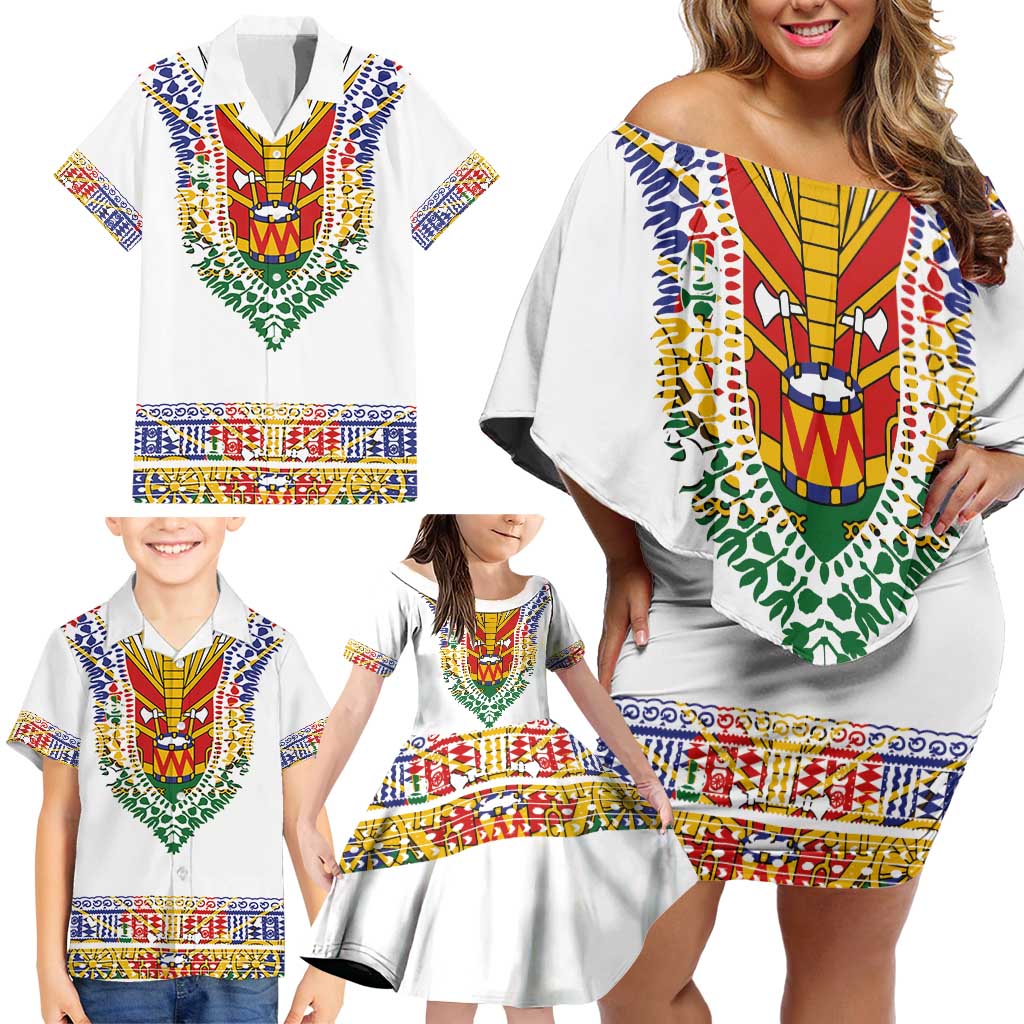 Haiti Flag Traditional Dashiki Family Matching Off Shoulder Short Dress and Hawaiian Shirt White Color