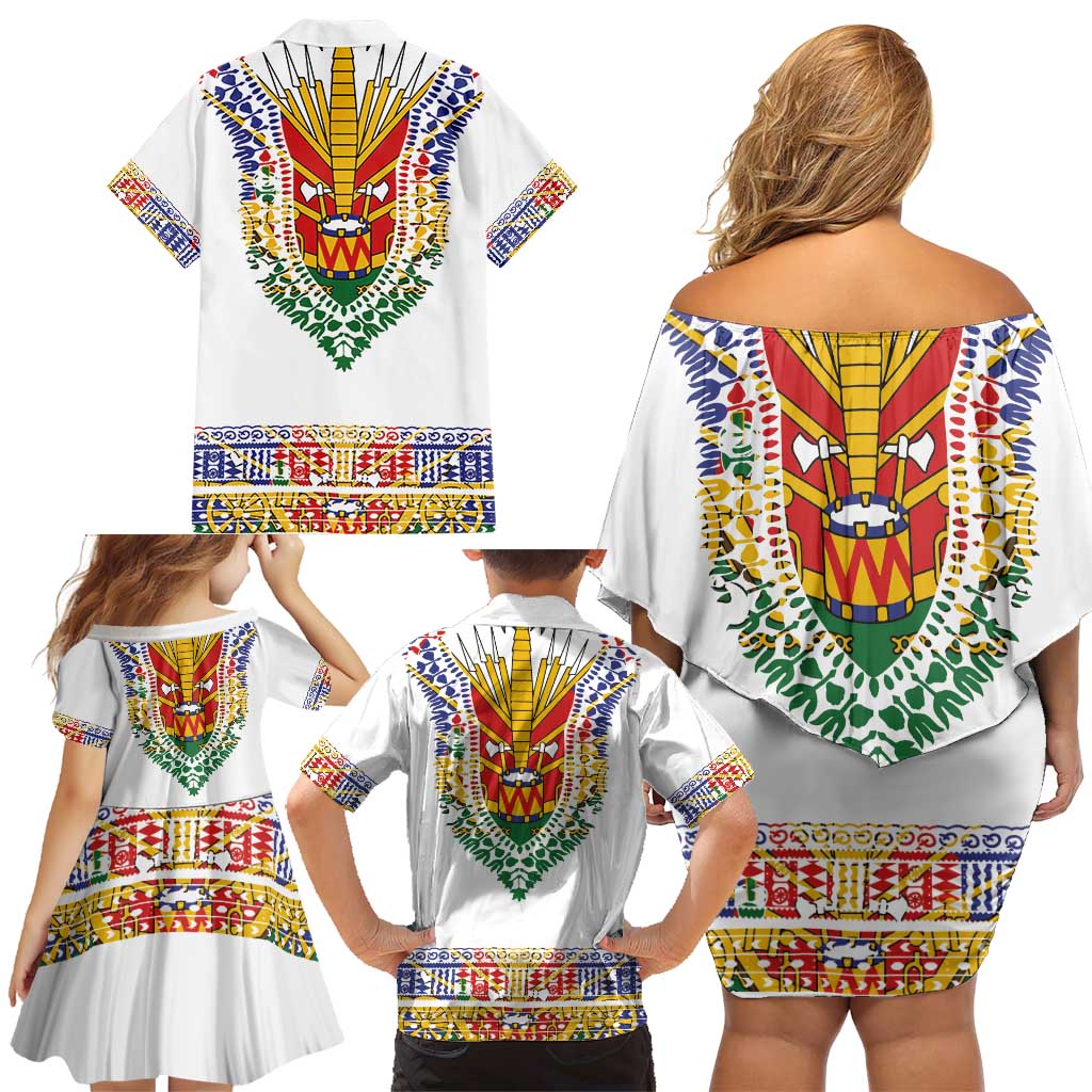 Haiti Flag Traditional Dashiki Family Matching Off Shoulder Short Dress and Hawaiian Shirt White Color