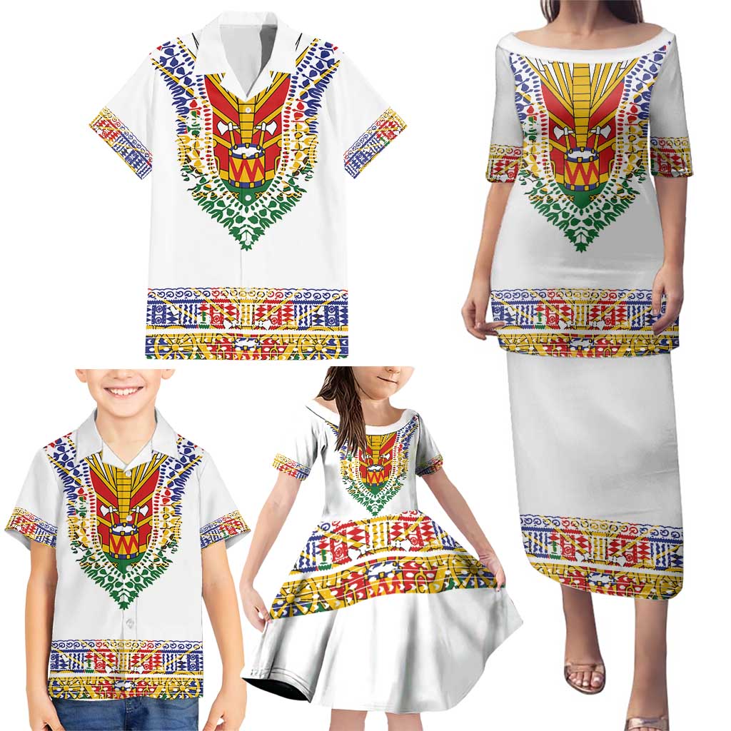 Haiti Flag Traditional Dashiki Family Matching Puletasi and Hawaiian Shirt White Color