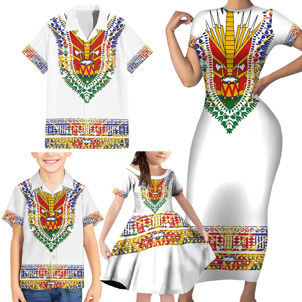 Haiti Flag Traditional Dashiki Family Matching Short Sleeve Bodycon Dress and Hawaiian Shirt White Color