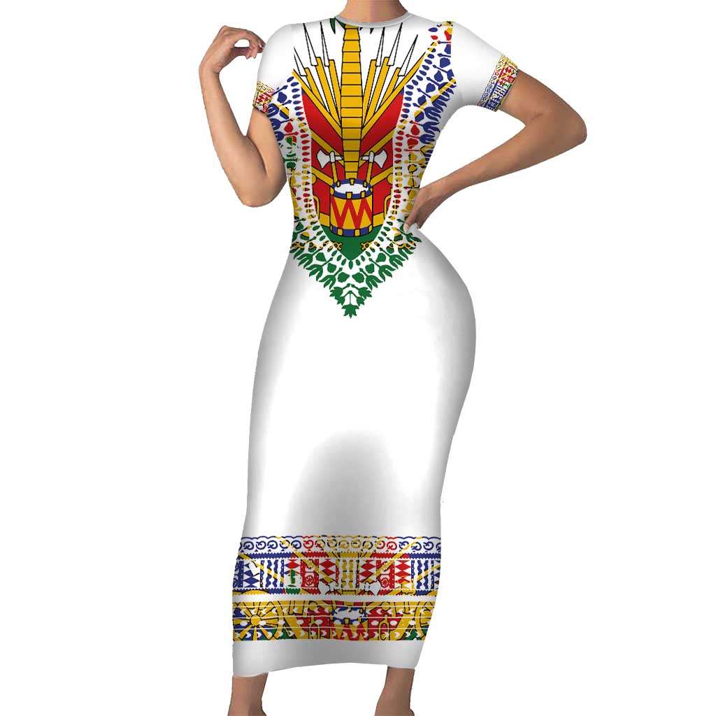 Haiti Flag Traditional Dashiki Family Matching Short Sleeve Bodycon Dress and Hawaiian Shirt White Color