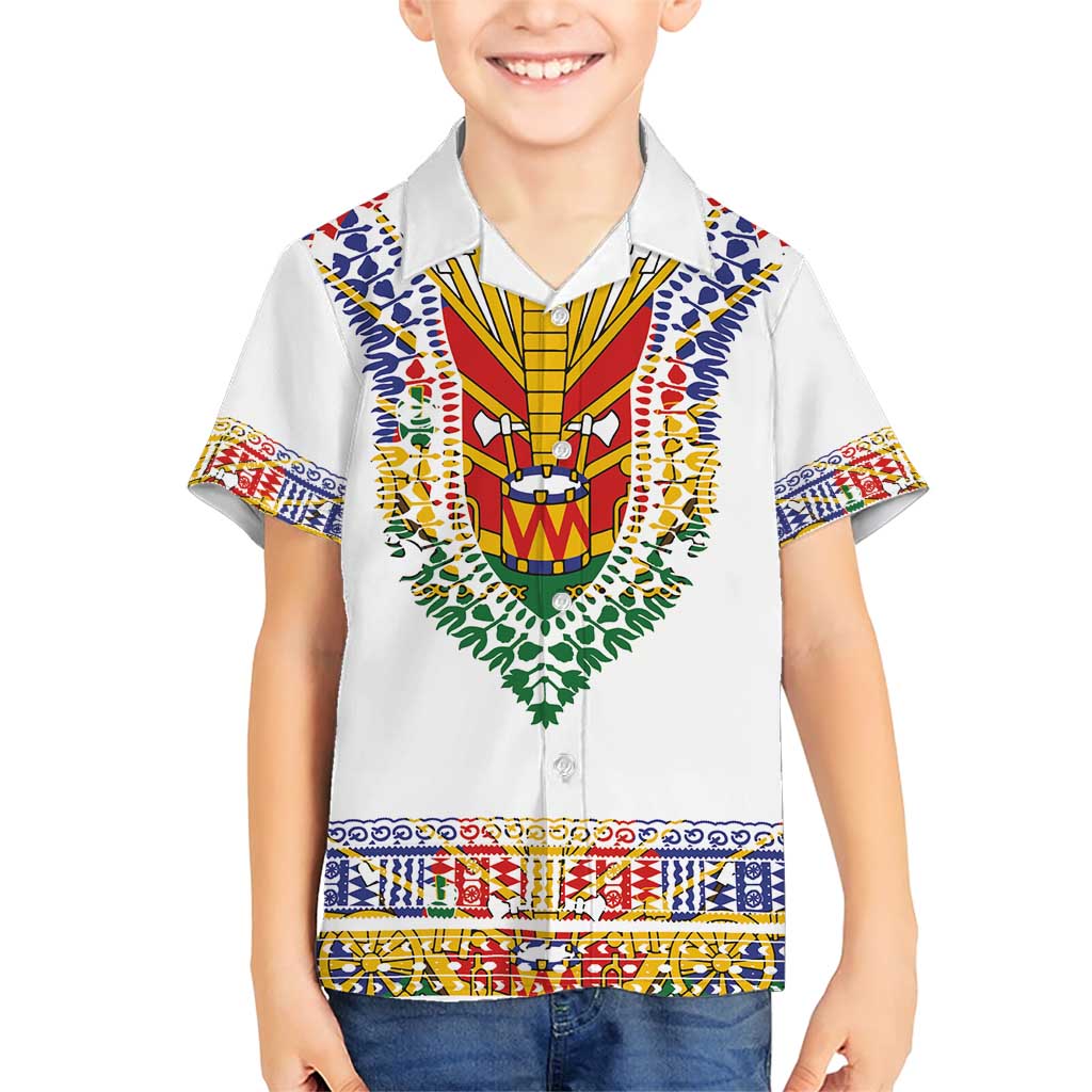 Haiti Flag Traditional Dashiki Family Matching Short Sleeve Bodycon Dress and Hawaiian Shirt White Color