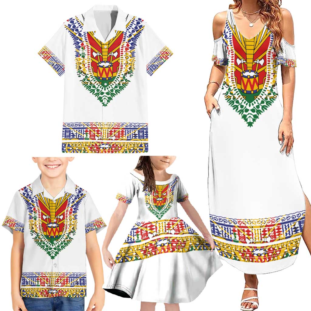 Haiti Flag Traditional Dashiki Family Matching Summer Maxi Dress and Hawaiian Shirt White Color