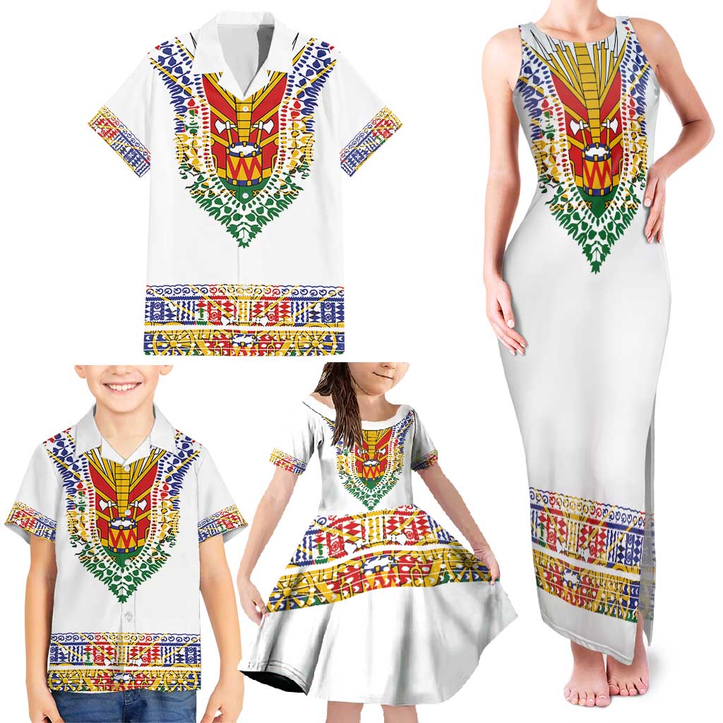 Haiti Flag Traditional Dashiki Family Matching Tank Maxi Dress and Hawaiian Shirt White Color