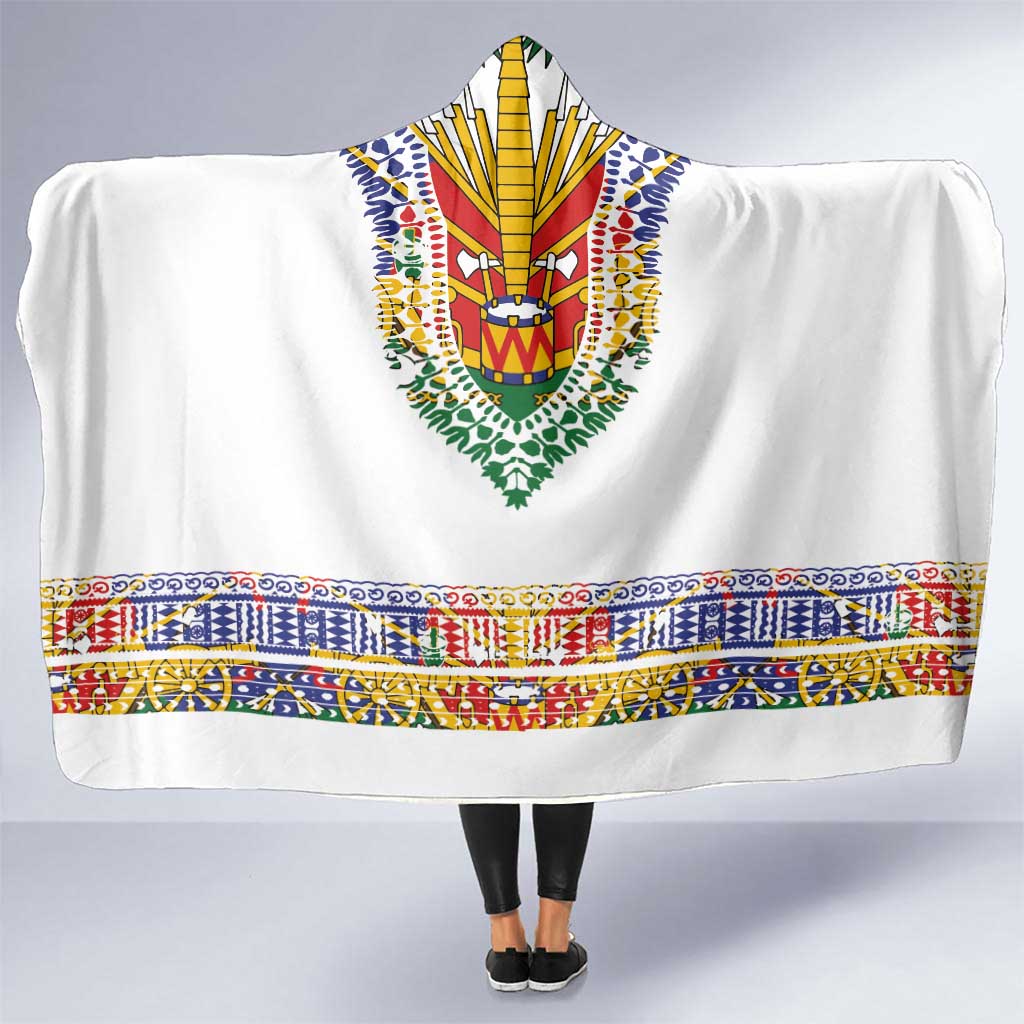 Haiti Flag Traditional Dashiki Hooded Blanket White Color