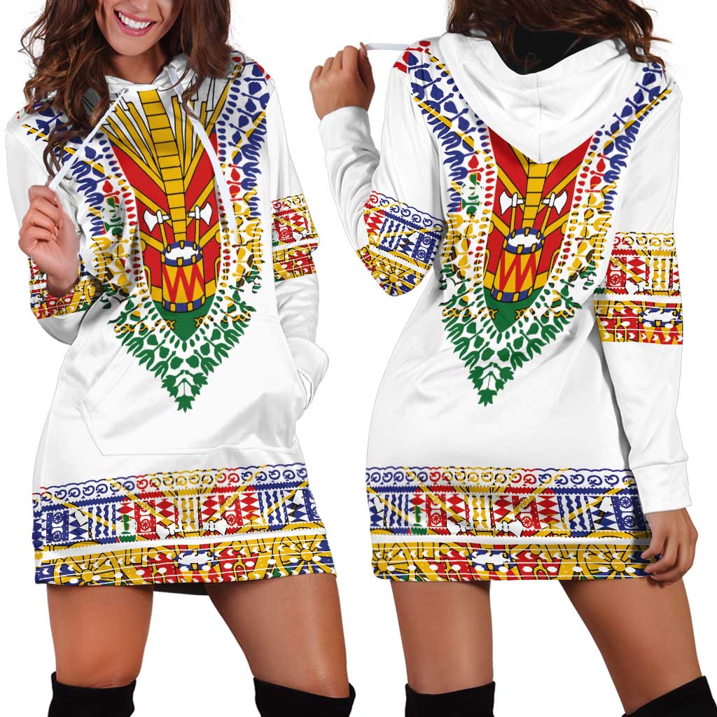Haiti Flag Traditional Dashiki Hoodie Dress White Color