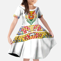 Haiti Flag Traditional Dashiki Kid Short Sleeve Dress White Color