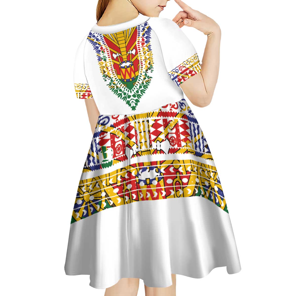 Haiti Flag Traditional Dashiki Kid Short Sleeve Dress White Color