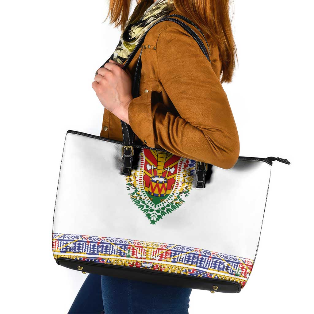 Haiti Flag Traditional Dashiki Leather Tote Bag White Color