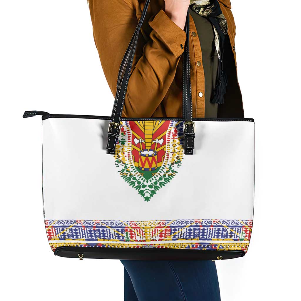 Haiti Flag Traditional Dashiki Leather Tote Bag White Color