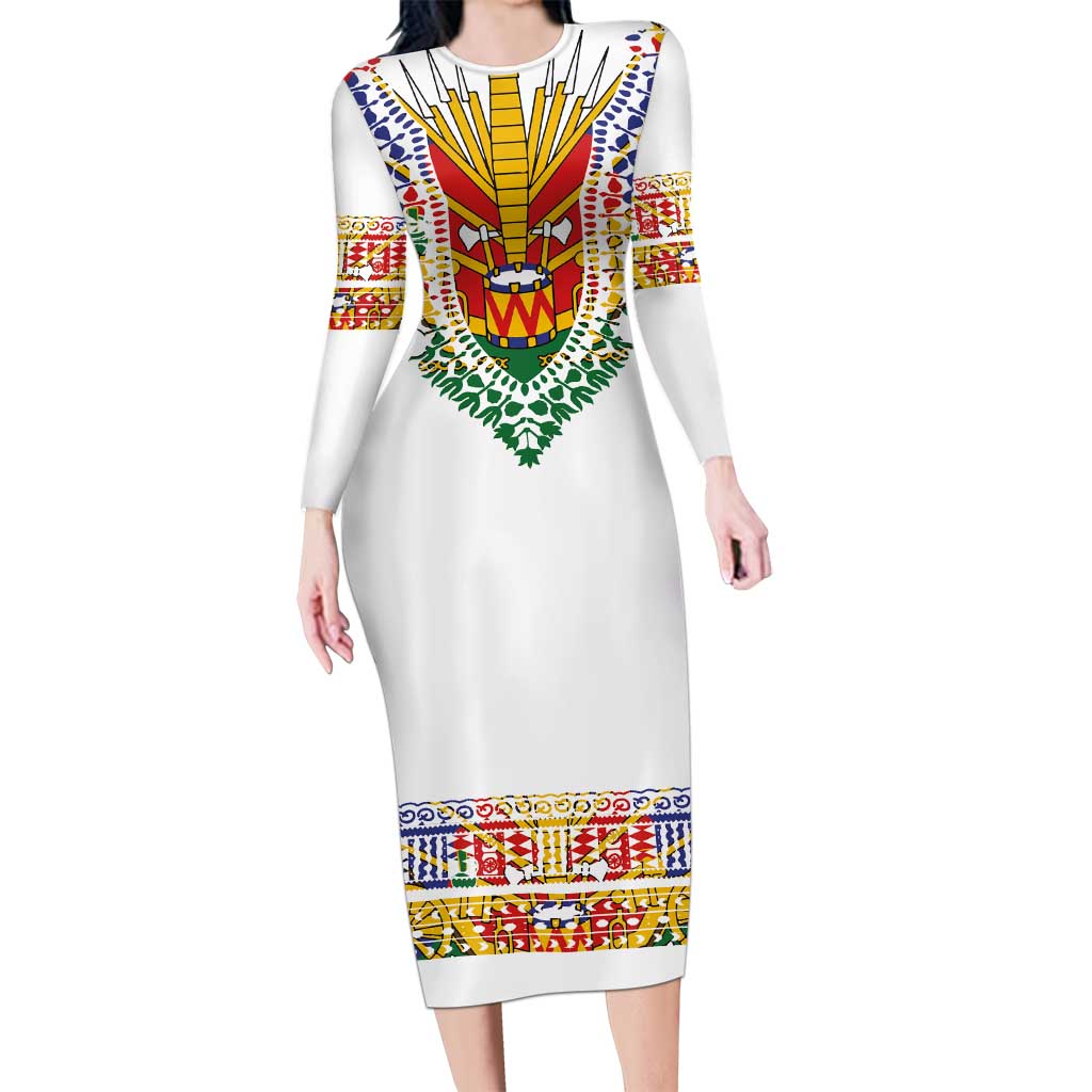 Haiti Flag Traditional Dashiki Long Sleeve Bodycon Dress White Color