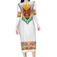 Haiti Flag Traditional Dashiki Long Sleeve Bodycon Dress White Color