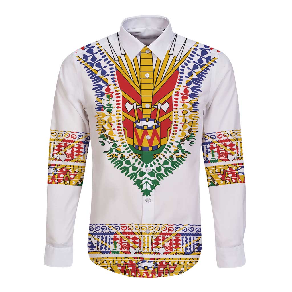 Haiti Flag Traditional Dashiki Long Sleeve Button Shirt White Color