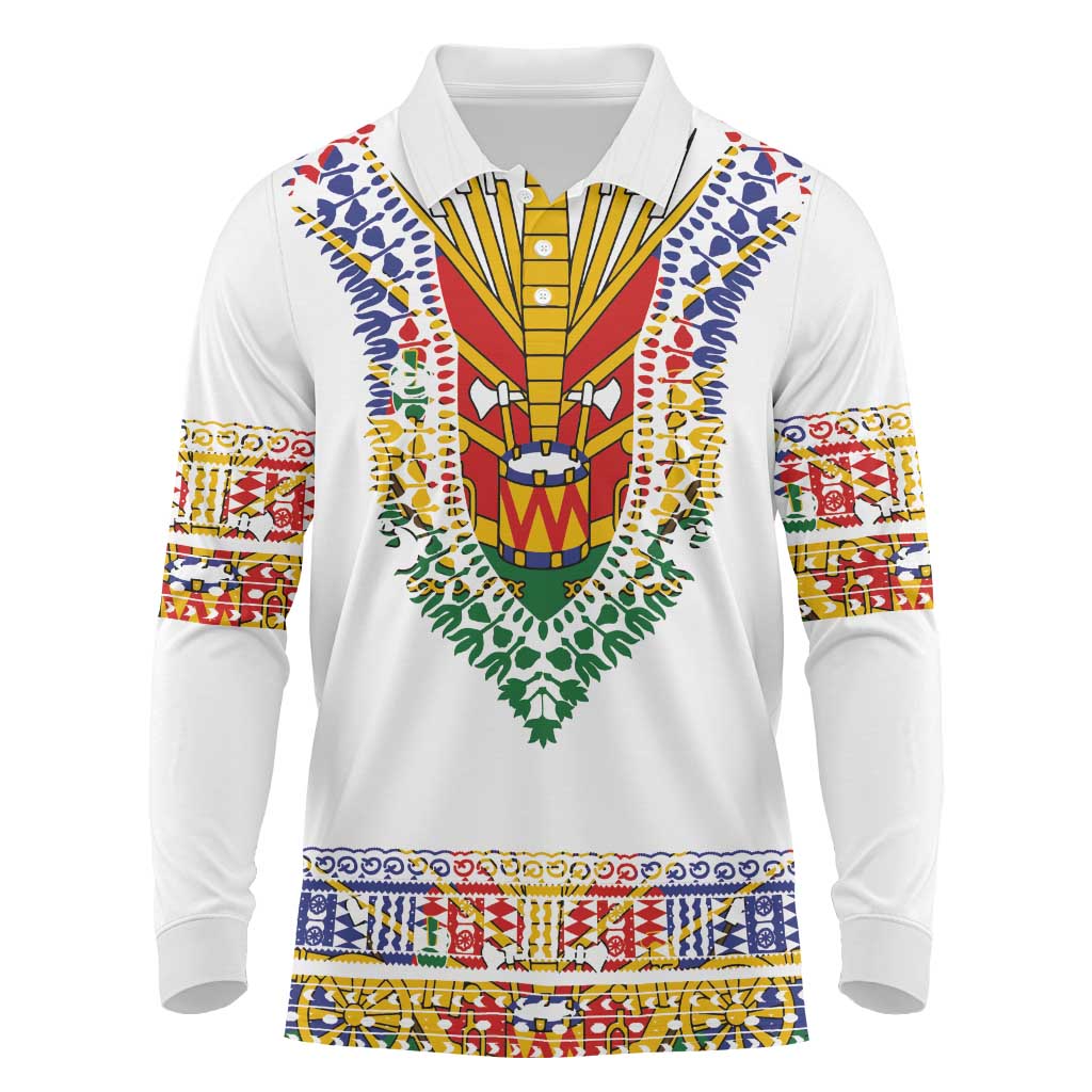 Haiti Flag Traditional Dashiki Long Sleeve Polo Shirt White Color