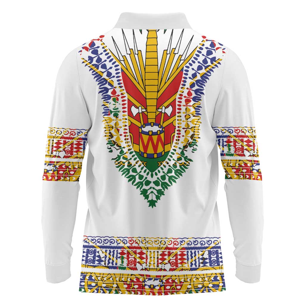 Haiti Flag Traditional Dashiki Long Sleeve Polo Shirt White Color