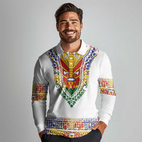 Haiti Flag Traditional Dashiki Long Sleeve Polo Shirt White Color