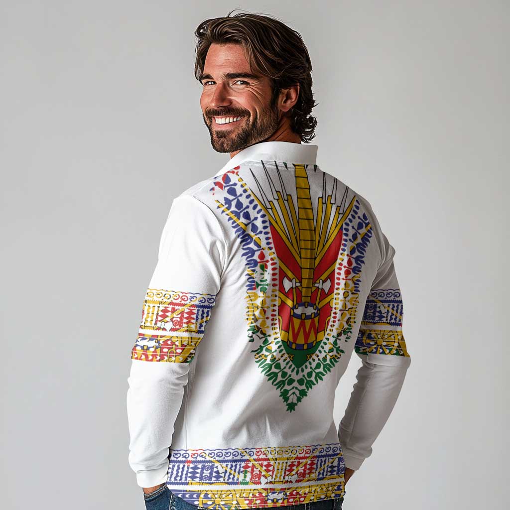 Haiti Flag Traditional Dashiki Long Sleeve Polo Shirt White Color