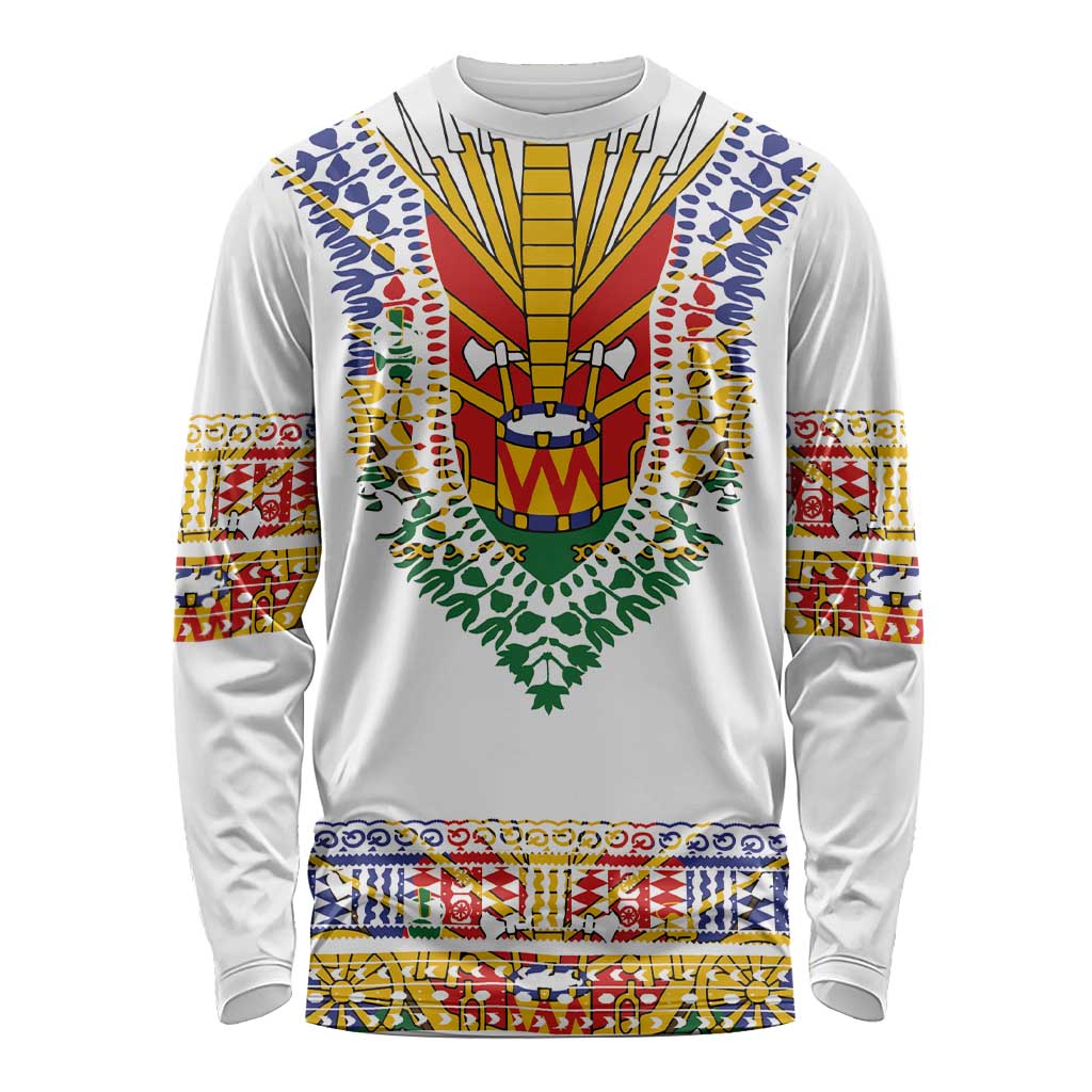 Haiti Flag Traditional Dashiki Long Sleeve Shirt White Color