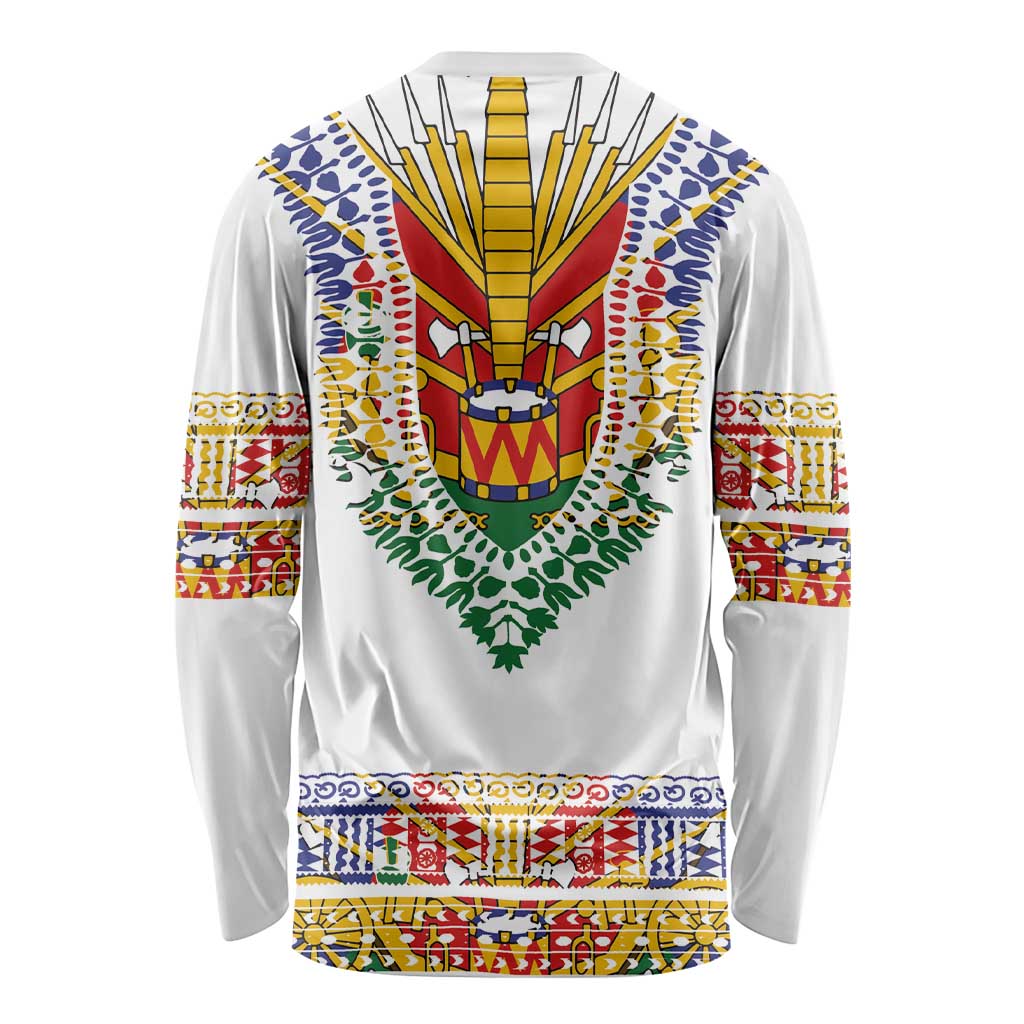 Haiti Flag Traditional Dashiki Long Sleeve Shirt White Color